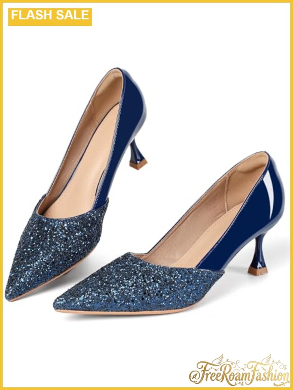Kitten High Heels 2 Inch Sequin Pointed Toe Leather Pumps Slip On Stiletto